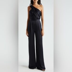 NWOT Ramy Brook Myra Asymmetric Ruched Satin Jumpsuit Black Sz 6
